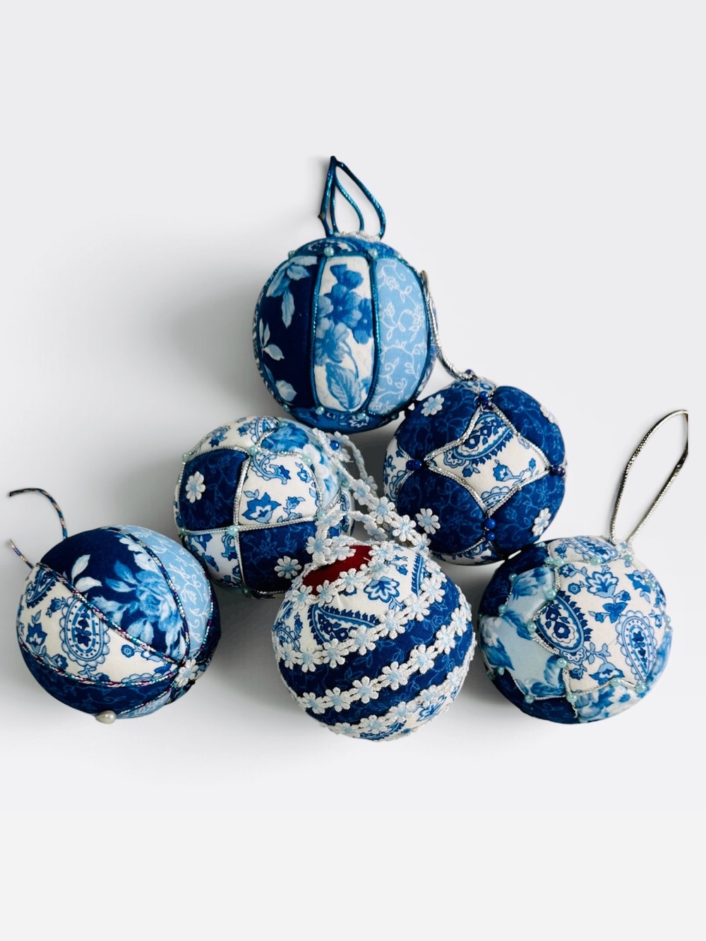 Set of 6 Blue Patchwork Fabric Holiday Ornaments